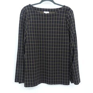 J. Jill Ponte Windowpane Pullover Knit Top Size Large Black Tan Plaid Button Slv